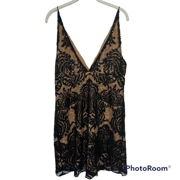 Free People Sequined Mini Dress Womens 4 Black Slip Lace Sparkle Sexy Party - Picture 4 of 9